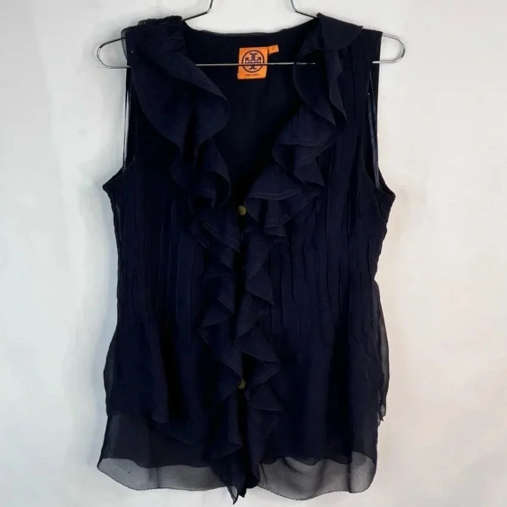Tory Burch Silk Navy Blue Ruffle V-Neck Blouse w/ Buttons